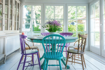 Wall Mural - Rustic, vintage furniture, table and chairs of various bright colors in the dining room with large windows.