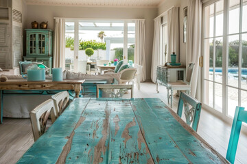 Wall Mural - Rustic, vintage furniture, table and chairs of various bright colors in the dining room with large windows.