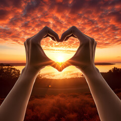 Wall Mural - A pair of hands forming a heart shape with a sunset in the background