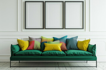 Wall Mural - Green sofa with colorful cushions against a white wall with art poster frames