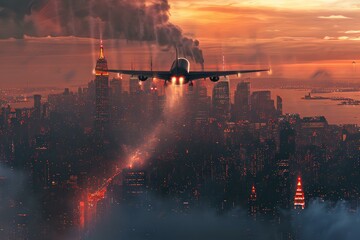 Wall Mural - Airplane city fly departure. Air trip. Generate Ai