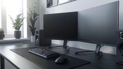 Poster - Modern black computer on wooden desk in office. 3D Rendering, ai generative