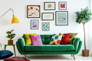 Wall Mural - Green sofa with colorful cushions against a white wall with art poster frames