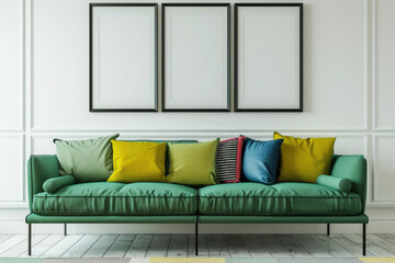 Wall Mural - Green sofa with colorful cushions against a white wall with art poster frames