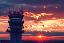Airport Control Tower Sunset. Control Air Traffic. Generate Ai