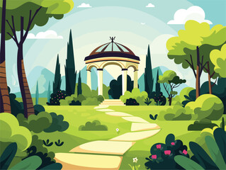 Wall Mural - A peaceful gazebo in a green park, surrounded by trees, under a cloudy sky