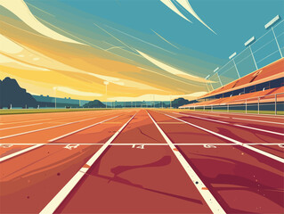 Wall Mural - cartoon running track with stadium, sky, and clouds in the background