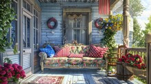 A Festive Porch With A Colorful Couch And Blue Plumbago. 