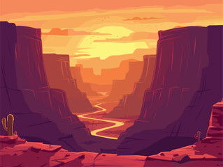 Wall Mural - a cartoon illustration of a canyon with a river running through it at sunset