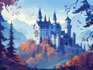 Wall Mural - A castle sits among trees, mountains, and sky in a forest painting