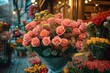 A bustling flower shop on Valentine's Day, with bouquets of roses and romantic arrangements