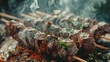 Grilled chicken on skewers on a wooden table in the kitchen, A platter of smoky grilled meat kebabs on wooden sticks, Grilled meat on wooden skewers