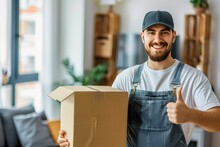 Moving Day Concept. Young Happy Smiling Employee Of Moving Service Overall Standing In The Living Room Of New House Holding Cardboard Box And Showing Thumb Up Sign.