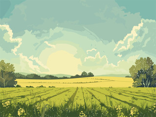 Wall Mural - A natural landscape painting featuring fields, trees, and a cloudy sky