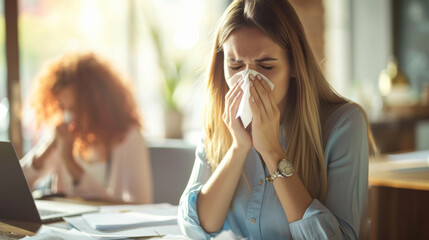 woman in a blue shirt sitting at a desk, blowing her nose into a tissue with a laptop in front of her