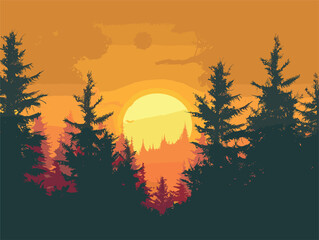 Wall Mural - Dusk sky over a larch forest, branches silhouetted against the orange afterglow