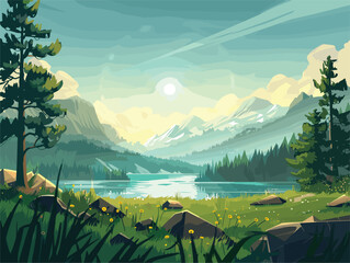 Wall Mural - Nature painting of lake, mountains, trees, and clouds in the highlands