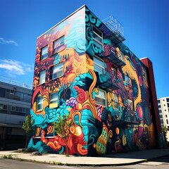 Wall Mural - A vibrant street art mural on an urban building. 