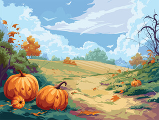 Wall Mural - Pumpkins on a dirt road in a field under a cloudy sky