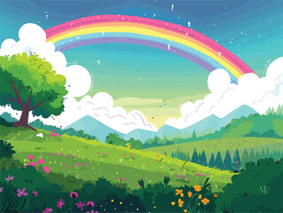 Wall Mural - A rainbow shines above a flowerfilled field in the natural landscape