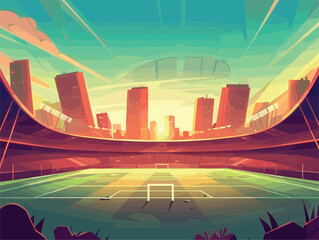 Wall Mural - cartoon illustration of soccer stadium with city skyline in background