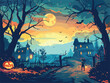 A spooky Halloween scene with a pumpkin under an azure sky at dusk