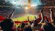 © MP Studio - crowded sports stadium with a vibrant atmosphere, where spectators are holding up red scarves and yellow confetti is flying in the air