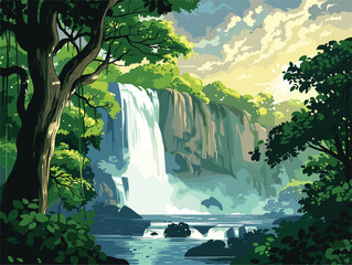 Wall Mural - Nature painting depicting a beautiful waterfall cascading in a forest landscape