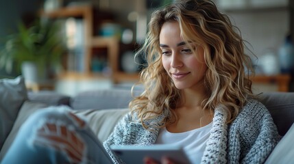 woman controlling smart home devices using a digital tablet