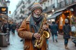 A street musician playing a saxophone in a pedestrian zone