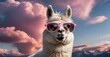 Above the fluffy cotton candy clouds, a majestic llama glides gracefully, rocking a pair of stylish sunglasses for a touch of cool elegance