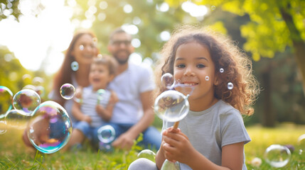 Sticker - joyful family is playing with soap bubbles in a sunlit park