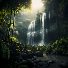 Sticker - Majestic waterfall in a lush tropical rainforest. 