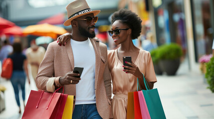 Wall Mural - A cheerful young couple, loaded with colorful shopping bags, are enjoying their time together in a lively shopping mall