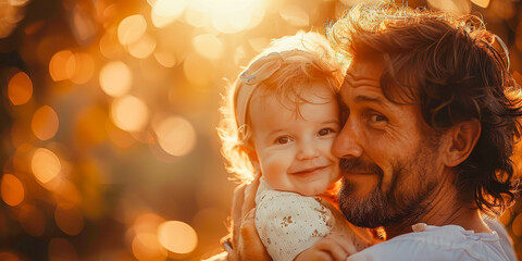 A man is holding a baby in his arms, showcasing a tender moment between father and child. The mans smile reflects joy and happiness as he carefully cradles the infant