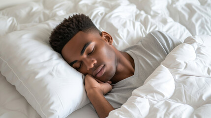 Poster - male asleep in a comfortable white bed