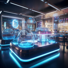 Wall Mural - Sci-fi lab with futuristic technology and holographic dashboards