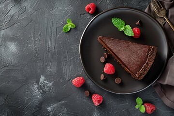 Plate with slice of tasty homemade chocolate cake and space for text on table, top view