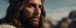 Close-up photorealistic portrait of Jesus Christ wearing a crown of thorns, showcasing the depth of His suffering with realism and reverence.