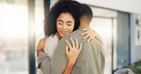 Canvas Print - Home, dancing and couple with love, hug and happiness with celebration and anniversary. Apartment, commitment and man with woman and marriage with romance and support with relationship or embrace