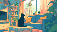Illustration Of A Cat Sitting On A Chair, Living Room Background