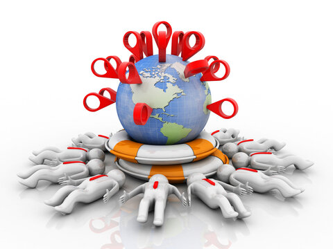 3d rendering Red map pointer in world protected in life belt around people