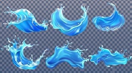 Poster - Splashes of blue liquid waves with swirls and drops on transparent background. Modern realistic set of pure aqua splashes flowing and falling isolated on a transparent background.