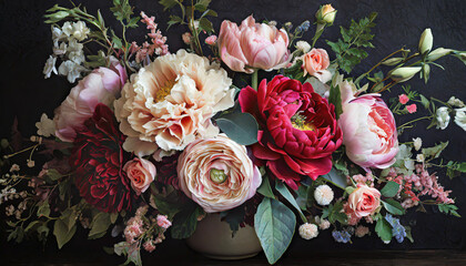 Vintage bouquet of beautiful flowers on black background.