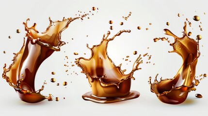 Poster - Isolated splash of coffee, cola or tea on a transparent background. Realistic modern set of falling and flowing brown drinks with drops.