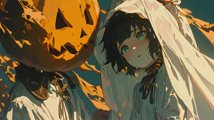 Wall Mural - anime girl cute white ghost costume and pumpkin head