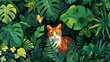 A vibrant illustration of an orange and white cat nestled among lush green tropical plants.