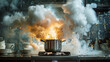 © paday - A closeup of a pressure cooker exploding steam and metal fragments flying in all directions