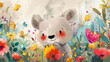 Adorable illustration of a smiling koala among a vibrant field of flowers and playful butterflies, full of life and color.