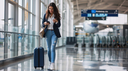 Wall Mural - Smiling woman walking in an airport terminal while looking at her phone, pulling along a suitcase